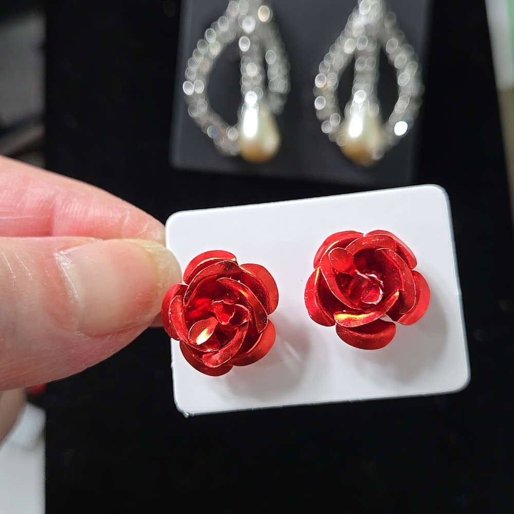 Vibrant Red Rose Stud Earrings - Picture 7 of 11